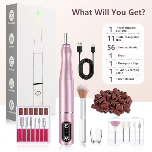 TUOBEO Cordless Nail Drill Electric Nail File Kit, Rechargeable Efile Set - color: Pink