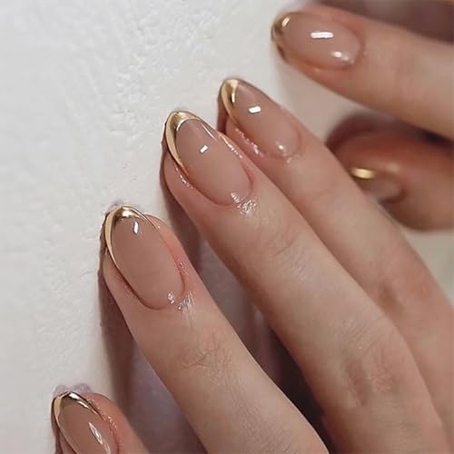Mivota Almond Press On Nail Short, Pink Fake Nails with Elegantly Crafted Gold French Tips, Glossy Gel Finish, Thick Natural Reusable Glue On Nails Kit for Women 24Pcs, Golden Chic - color: 06-Fashionable Phnom Penh
