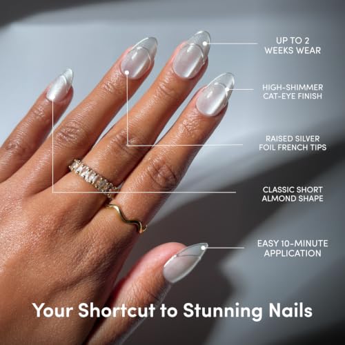 Glamnetic Press On Nails - Short Almond Cat-Eye Fake Nails 30 Pc Full Kit - color: Heavenly Metal - Silver Foil French Tip
