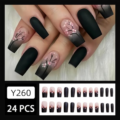 Spring Press on Nails Medium Fake Nails Pink Black Gradient Square Press on Nails Coffin Glossy False Nail with Flowers Designs Full Cover Acrylic Nails Glue on Stick on Nail for Women 24PCS - color: W8