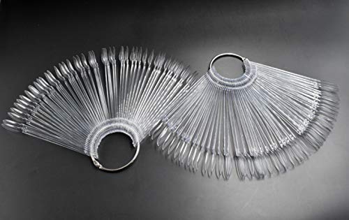 100 Tips Fan Shape Plastic Nail Art Tips Display Polish Board Display Practice Sticks with Metal Split Ring Holder (Clear) - color: Clear