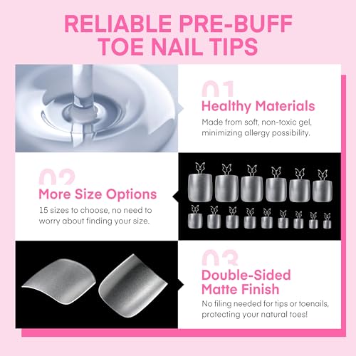 UNA GELLA Square Toe Nail Tips 312Pcs 15Sizes, Full Cover Soft Gel Toes Nail Tip Pre-etched Fake Acrylic Toe Nail Press Ons For Big Toes Nail Extensions Pedicure Home DIY Salon *Tips Only No Tools*