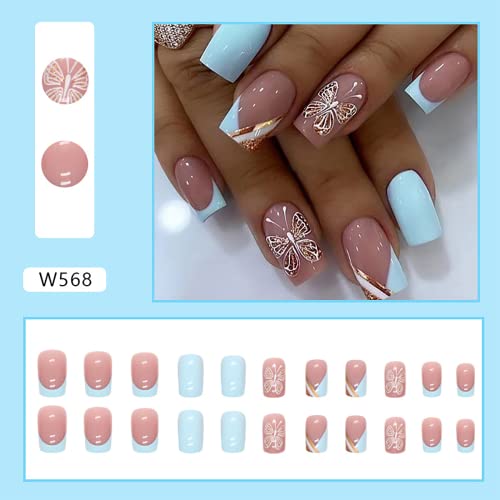 Square Press on Nails Medium Fake Nails French Gold Glitter Designs Butterfly False Nails Pink&Light Blue Acrylic Glue on Nails Glossy Full Cover Stick on Nail for Women Girls - color: Pink&White