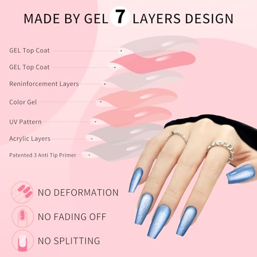 Blue Cat Eyes Press On Nails,12 Sizes-24 Pcs Soft Gel Medium Coffin Fake Nails Kit with Nail Glue, Natural Reusable Stick On False Nails for Women and Girls (Skycloud Blue Nails) SK0981 - color: SK0981-Blue