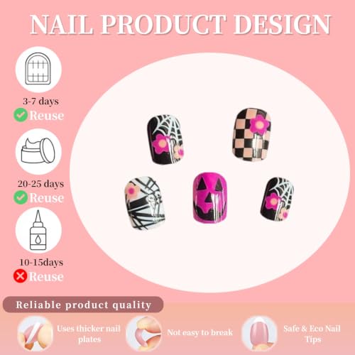 24Pcs Orange Black Checkered Mummy Halloween Press on Nails Short Square Fake Nails Purple Halloween Full Cover Glossy Reusable Glue on Nails Pumpkin Flower Spider Web Stick on Nails for Women - color: Bandage Ghost Style