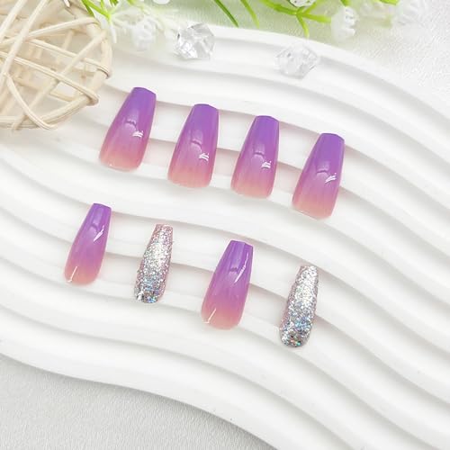 Short Press On Coffin False Nails with Glitter Sequins Designs Purple Gradient Glue On Nails - 24Pcs - color: Glitter Sequins Designs & Purple Gradient