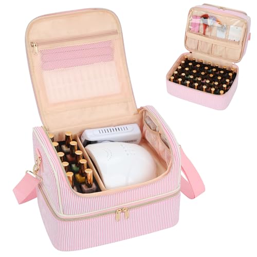 Nail Polish Organizer and Storage Box, Double Layer Pink-White Stripes Nail Supplies Holder for 45 Bottles & Lamp, Nail Kit Organizer, Nail Tech Travel Case & Tattoo Travel Container - color: Pink White Stripe, size: 45 Slots