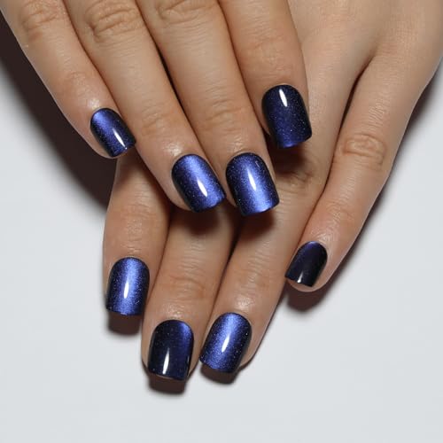 Dark Blue Press On Nails Square, Short Cat Eye Fake Nails - color: M01-Midnight Mirage