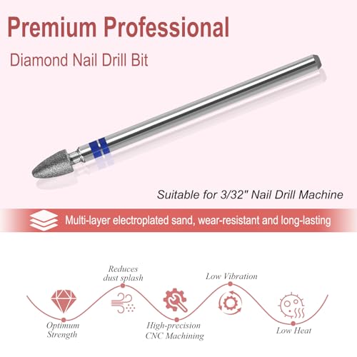 Diamond Nail Drill Bits Pro Cuticle Drill Bit Nail Buffer Bit Russian Electric Bits for Under Nail Dead Skin Cleaning Cuticle Remove Nail Art Design Manicure and Pedicure (Medium) - size: 0.28x0.14in Medium