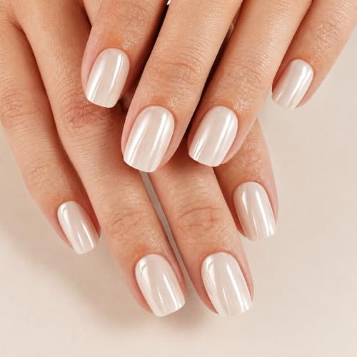 SHANGMENG Halloween Press on Nails, Short Square White Chrome Fake Nails - color: Pearl White