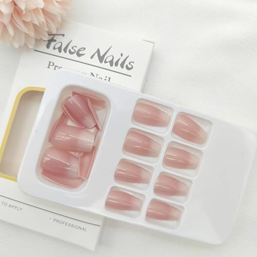 Gradient Press on Nails Short Coffin Fake Nails with Ombre Glossy Designs Nails Press ons Pink White Glue on Nails Acrylic False Nails Simple Stick on Nails for Women 24Pcs - color: pink white-1