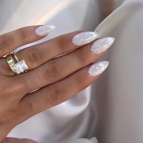 White Polka Dot Press On Nails Short Almond Fake Nails Glossy Glue On Nails - color: BD-White-11