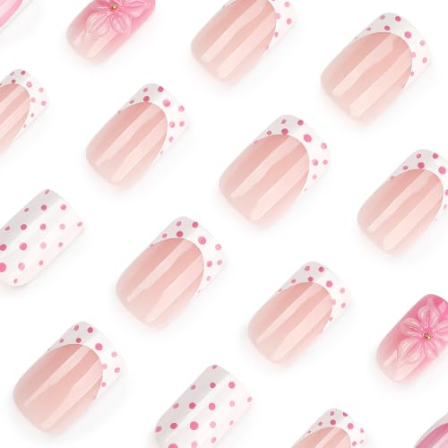 Flower Press on Nails Medium Sqaure with Spot Fench Tip Design - color: Pink White