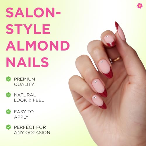 PaintLab 3D Gem Red French Tip Press On Nails, Medium Almond, 30pc Nail Kit - color: Pinot Noir