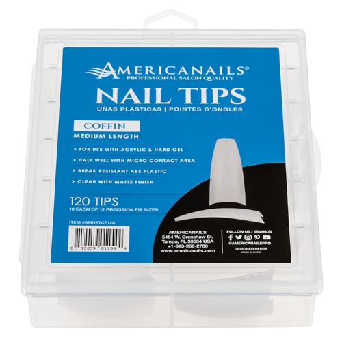 Americanails Coffin Nail Tips - 120ct Set - Ideal for Acrylic and Hard Gel, Break-Resistant ABS Plastic, Clear Matte Finish, Half Well with Micro Contact Area - color: Coffin, size: 120 Nail Tips