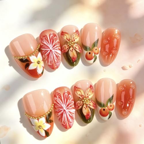 Fall Floral Press On Nails Medium Almond False Nails Autumn Orange Flower Acrylic Nails with Rhinestones Design French Tip Full Cover Stick On Nails Reusable Artificial Nail Set for Women 30Pcs - color: special Fall Floral-19
