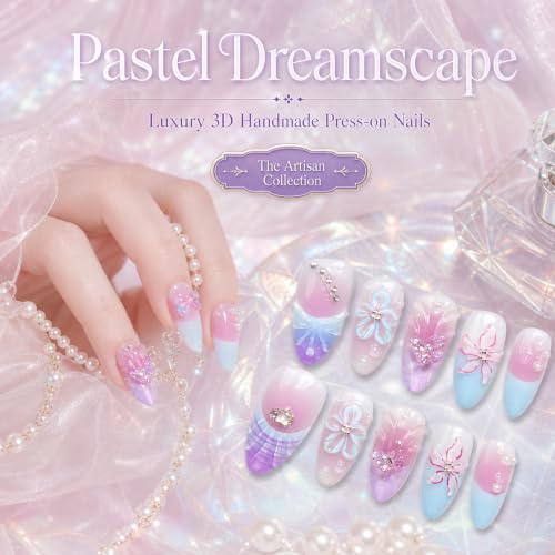 10Pcs Handmade Press on Nails with 3D Flower Designs and Rhinestones, Medium Almond Gradient Pink and Blue Fake Nails, Luxury Fairy Floral Acrylic Nails for Women - color: Pink and Blue Gradient, size: S