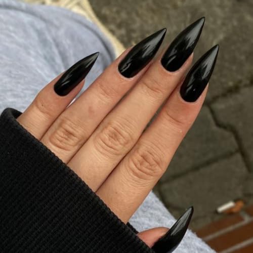 Black Press on Nails Almond Medium Glossy Fake Nails for Women - color: 09-Black