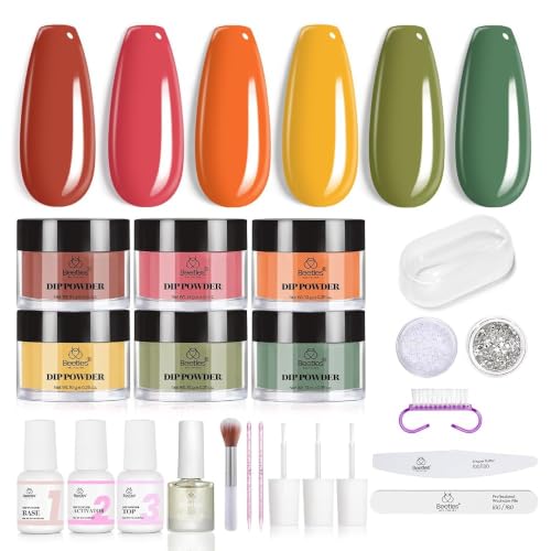 Beetles Fall Dip Powder Nail Kit, 6 Colors Burgundy Orang Red Green Yellow - color: 6 Colors x 10g Kit | Autumn Depth Palette