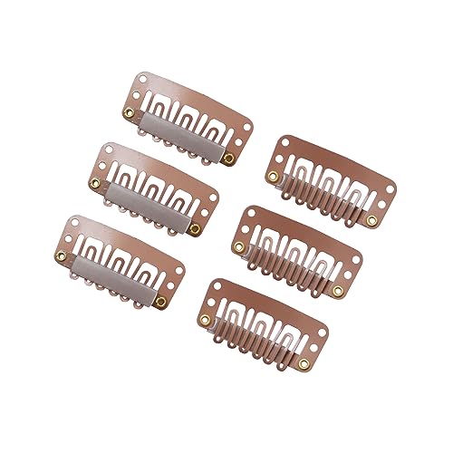 24 pcs/lot Hair Extensions Clips 6-Teeth U-Shape Snap Metal Wig Clips with Rubber for Hairpiece Hair Extensions (3.2cm Light Brown) - color: Light Brown, style: 32mm 24pcs U-shape