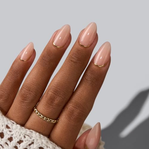 BTArtbox Press On Nails, Almond Short Nude Fake Nails, 32Pcs Full Kit - color: A-Gold End