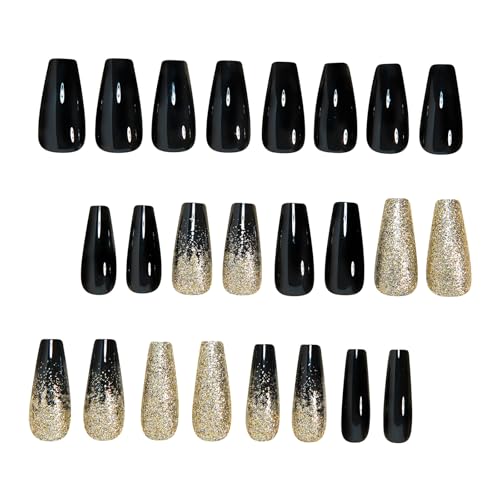 MISUD Press on Nails - Long Coffin Fake Nails with Black Gold, Acrylic Bling Glitter Design 24 pcs - color: 019A05-04Black&Gold