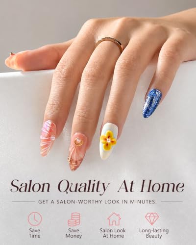 Buleens 100% Handmade Acrylic Press On Nails Medium Almond 10PCS Size L - color: Colorful Flowers Red Dot, size: L