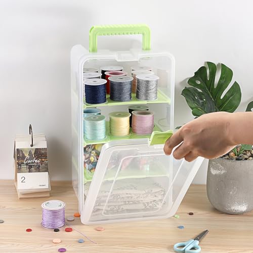 BTSKY Clear Plastic Dividing Storage Box with 4 Deep Compartment Sewing Box - size: 13.9x7.9x6.2 Inches-Green