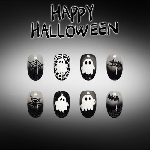 Halloween Press On Nails, Almond Ghost Bat Spiderweb Design, Black Gray - color: style 22