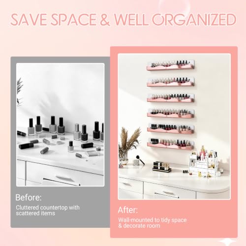 15" Nail Polish Wall Rack 6 Pack, Wall Mounted Organizer Holds 66+ Bottles - color: Rose Gold-polished