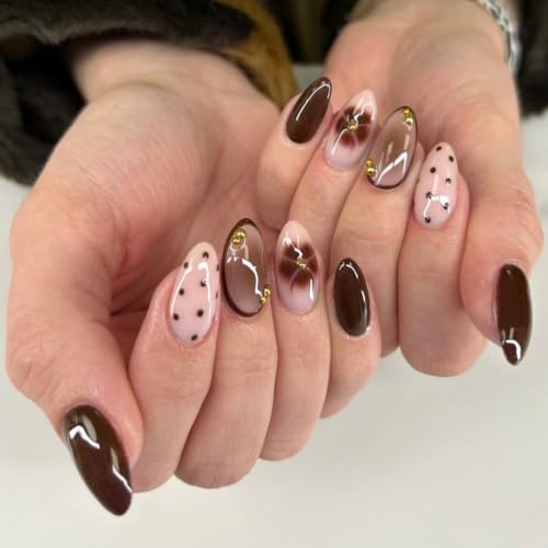 Brown Press on Nails Medium Almond, Polka Dots, Flower, Gold Beads, 24Pcs - color: Style-46