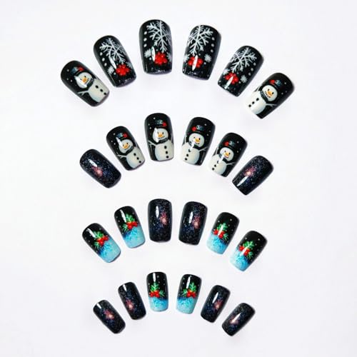 Christmas Press on Nails Silver Glitter Acrylic Fake Nails Cute Snowman Stick on Nail with Snowflake Xmas Red Berry Design Full Cover Christmas Glue on False Nails for Women Girls 24 Pcs - color: Style 44