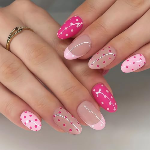 Pink French Tip Press On Nails Short Almond Glossy Fake Nails Polka Dot - color: BD-Pink-7