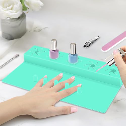 Nail Polish Holder, 2 in 1 Silicone Hand Rest Mat-Turquoise - color: Turquoise