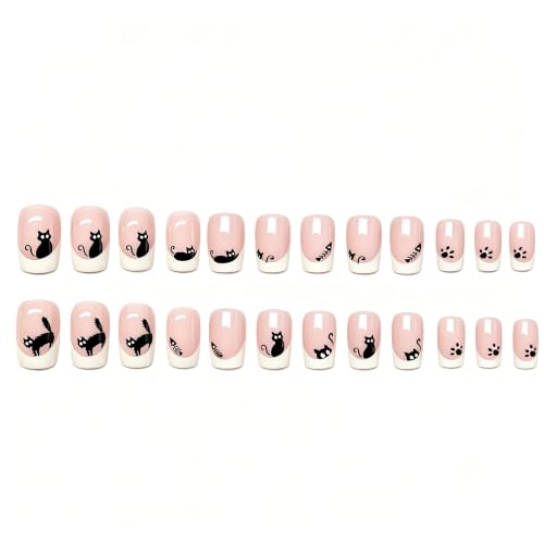 Hallowen Cat Press on Nails Medium Square Shaped French Tip Fake Nails with Cute Cartoon Black Cats and Fish Design Pink Glossy False Nails Full Cover Acrylic Nails for Women - color: Halloween Style 026