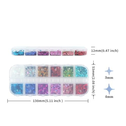 1 Box 12 Color Holographic Star Nail Glitter Silver Gold Nail Sequins 3D Colorful Nail Flakes Sparkly Glitter Flakes Shiny Nail Glitter Laser Nail Sequins Glitter for Nails Art 12 Grids - color: YHN28