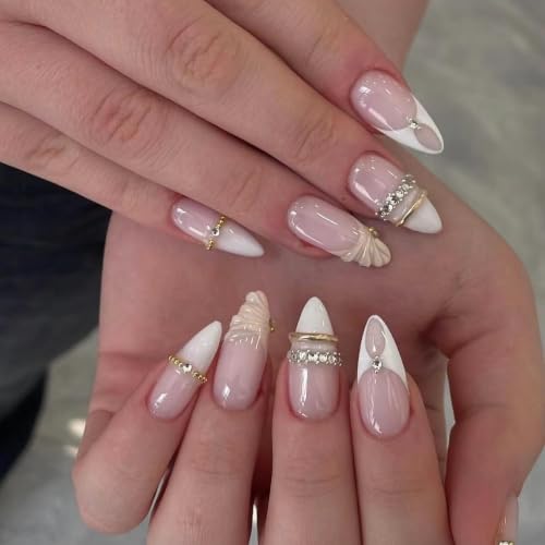 24Pcs Medium Almond Press on Nails White French Tip Nude Acrylic Fake Nails with 3D Gold Beads Rhinestone Chain Designs False Nails Luxury Elegant Full Cover Glossy Glue on Nail Manicure for Women - color: style09