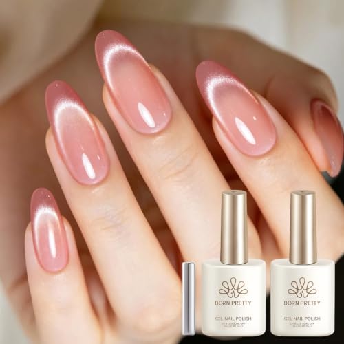BORN PRETTY French Tip Cat Magnetic Eye Gel Polish Set with Nail Stickers - color: Soft Pink Magnetic & Jelly Pink