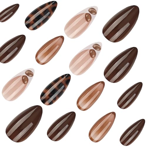 Fall Press On Nails - Medium Almond Brown Fake Nails, 24Pcs - color: Style-04