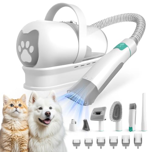 Dog Grooming Kit, Pet Grooming Vacuum with Pet Clipper Nail Grinder, Dog Hair Vacuum with 6 Pet Grooming Tools for Dogs Cats Shedding Grooming - color: White
