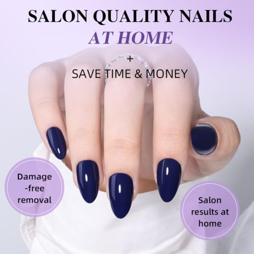Navy Blue Press On Nails, Short Almond, Glossy Dark Blue Glue On Nails - color: D8-Navy Blue