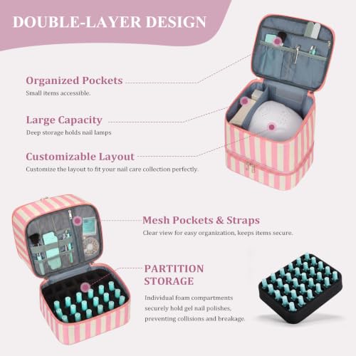 Striped Nail Polish Organizer Bag Nail Supplies Organizer Holds 30 Bottles Nail 2 Layers Nail Kit Storage Case - color: Beige and Pink