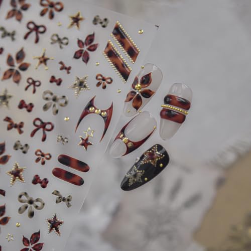 1 Sheet Fall Brown Leopard Print Bow Nail Stickers 5D Self-Adhesive Nail Decals Bow Star Heart Flower Design Irregular Shapes with Gold Rhinestones Nail Supplies for Autumn Women Nail Decorations - color: Brown Leopard