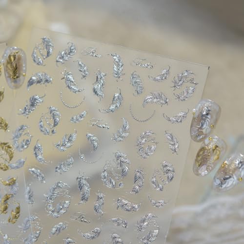 Gold Silver Nail Stickers Metal Feather Nail Decals for Acrylic Manicure - color: Color18