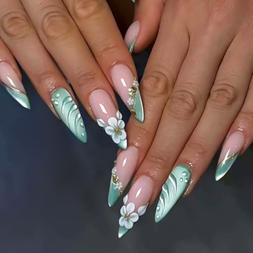 RUOKEXIN Long Stiletto Press on Nails French Tip Fake Nails Green Cat Eye False Nails with 3D Flower Shell Designs Almond Nail Press ons Sparkly Artificial Nails for Women 24Pcs - color: Almond Style 11-12