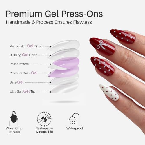 SHANGMENG Red White Press on Nails, Almond Medium Polka Dot Bow Fake Nails - color: Red & White Gala