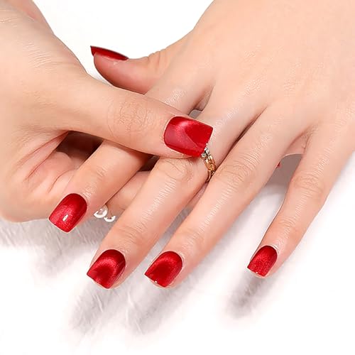 Short Square Red Cat Eye Press On Nails, Glossy Full Cover, 30 Pcs - color: B09-Classic True Red