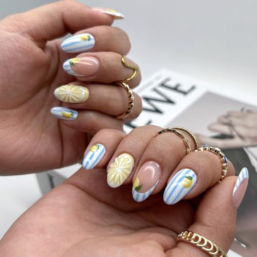 Short Oval Press On Nails Lemon Design, Blue White Stripe Fake Nails with 3D Lemon Slice, Summer Cute French Tip Stick On Nails Glossy Reusable Full Cover False Nails for Women Girls - color: Vertical striped chrysanthemum