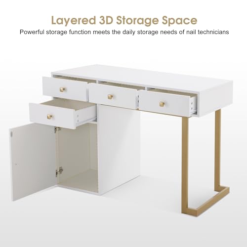 BarberPub Beauty Manicure Table with Storage Drawers, Nail Salon Desk for Nail Tech, Makeup Station with Round Handles, Beauty Equipment with Display Open Space 2990 (White&Golden) - color: White&golden