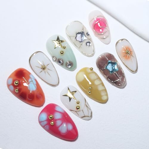 Handmade Short Almond Ocean Press On Nails,Reusable&Salon Quality(RR06,M) - color: RR06, size: M